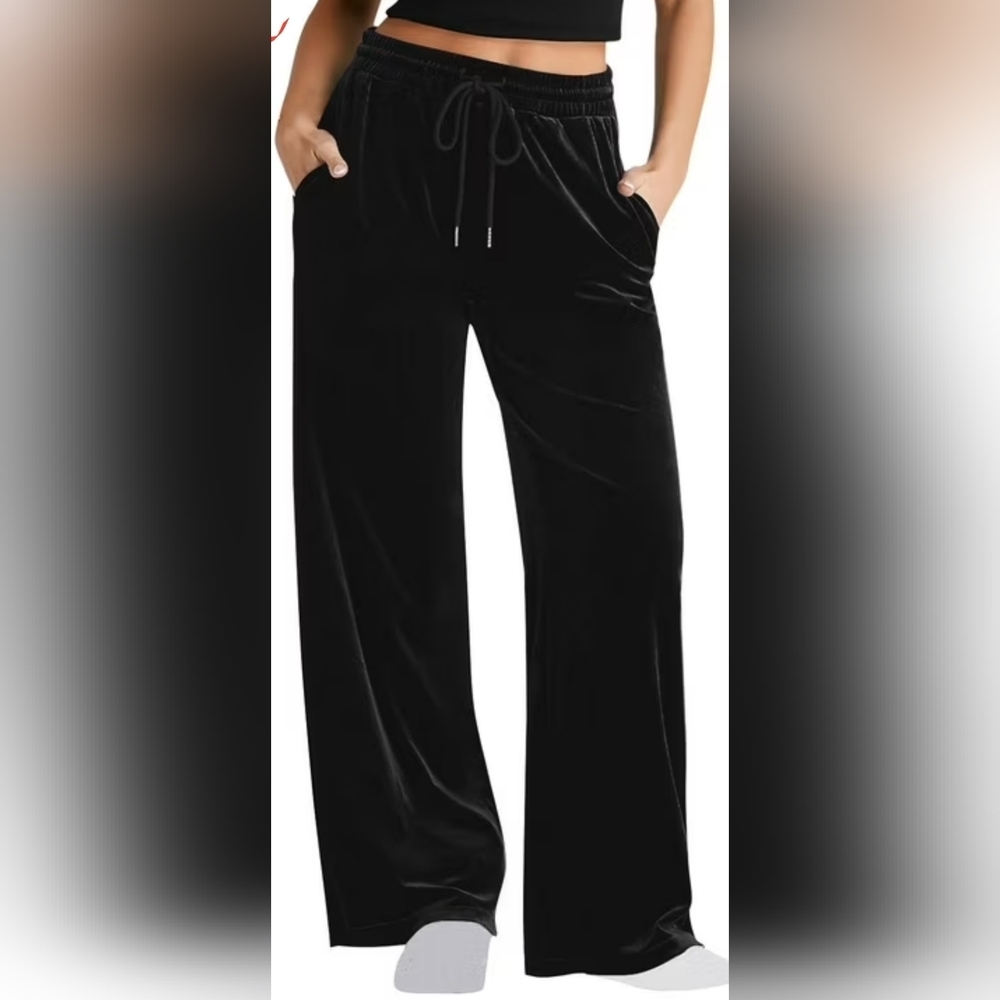 Retro Sporty Black Velour Joggers Relax Drawstring Travel Soft Stretch XXL New